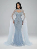 Luxuriöses, nudefarbenes Meerjungfrauen-Abendkleid mit Cape-Ärmeln LA73118