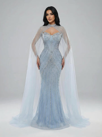 Luxury Nude Mermaid Evening Dress with Cape Sleeves LA73118