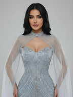 Luxuriöses, nudefarbenes Meerjungfrauen-Abendkleid mit Cape-Ärmeln LA73118