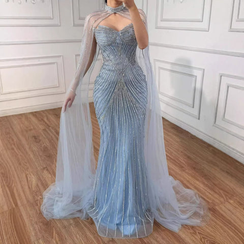 Luxury Nude Mermaid Evening Dress with Cape Sleeves LA73118