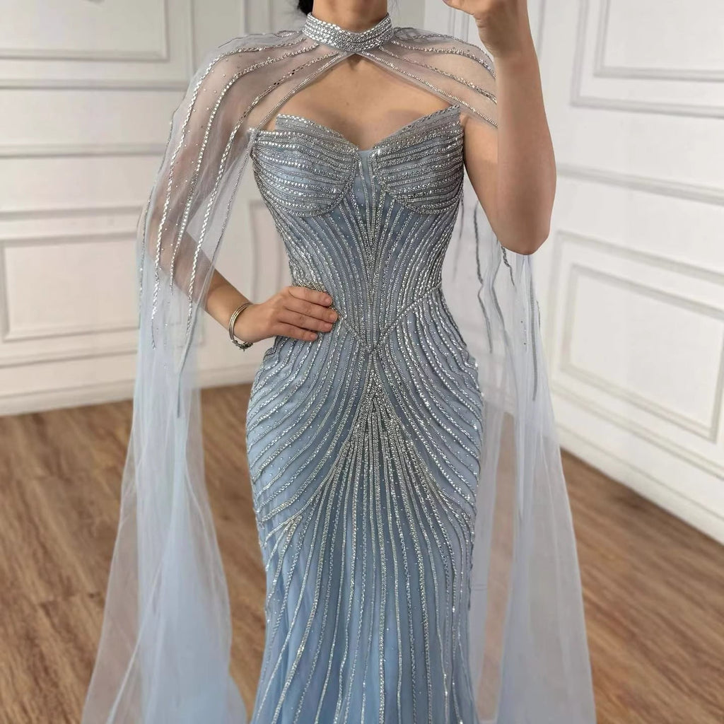 Luxuriöses, nudefarbenes Meerjungfrauen-Abendkleid mit Cape-Ärmeln LA73118