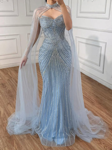 Luxury Nude Mermaid Evening Dress with Cape Sleeves LA73118