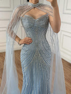 Luxuriöses, nudefarbenes Meerjungfrauen-Abendkleid mit Cape-Ärmeln LA73118