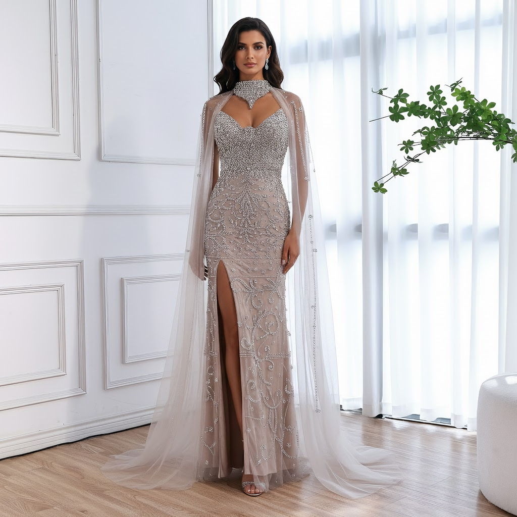 Luxuriöses, sexy Abendkleid mit Schlitz und Cape, Nude LA73339