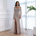 Luxuriöses, sexy Abendkleid mit Schlitz und Cape, Nude LA73339