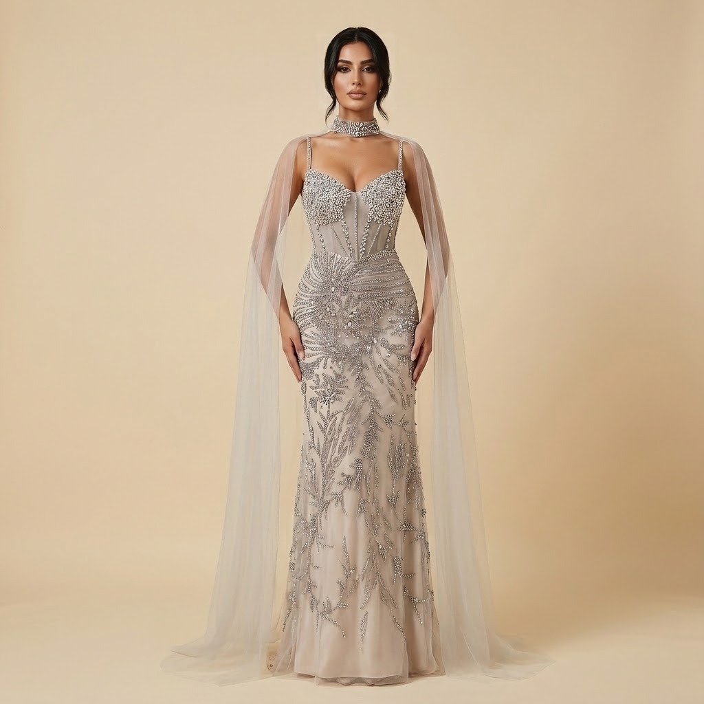 Luxuriöses Abendkleid, grau, perlenbesetzt, mit Cape, Ballkleid LA73342