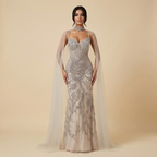 Luxuriöses Abendkleid, grau, perlenbesetzt, mit Cape, Ballkleid LA73342
