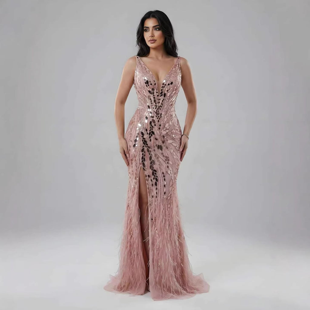 Luxury Blue Beaded Feather Mermaid Evening Dress