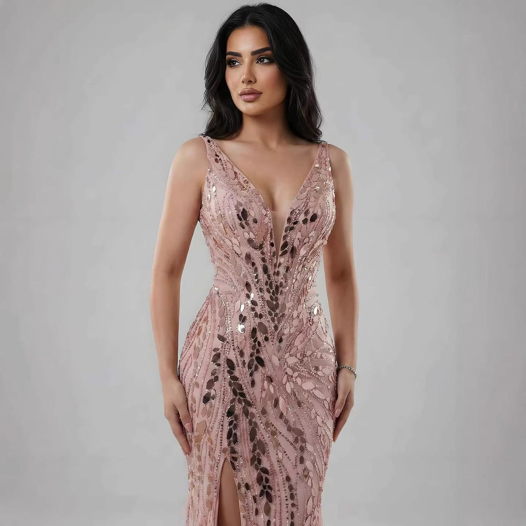 Luxury Blue Beaded Feather Mermaid Evening Dress