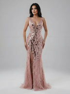 Luxury Blue Beaded Feather Mermaid Evening Dress