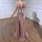 Luxury Blue Beaded Feather Mermaid Evening Dress