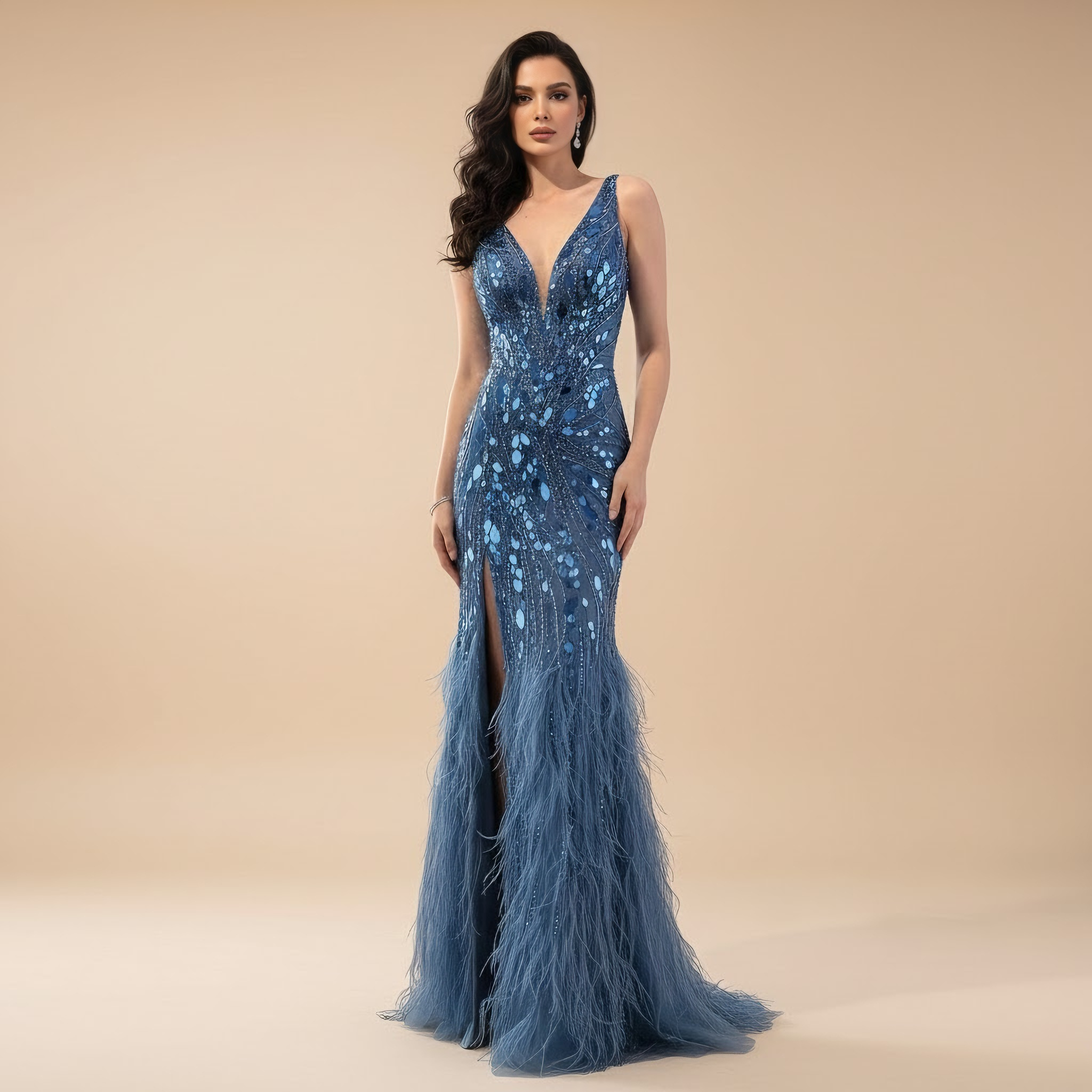 Luxuriöses blaues Meerjungfrauen-Abendkleid mit Perlen und Federn LA73369