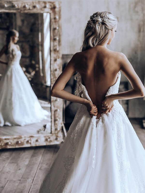 Lace A-line Sweetheart Strapless Wedding Dress, Sweep Train Bridal Dresses