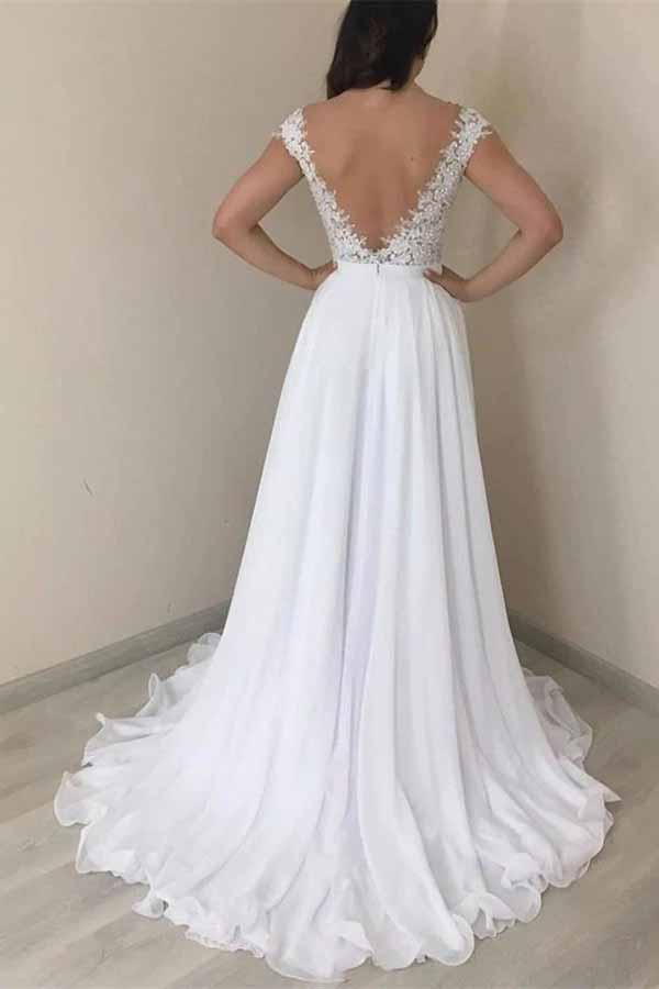 Lace A-line V-neck Cap Sleeves Wedding Dresses, Chiffon Wedding Gown