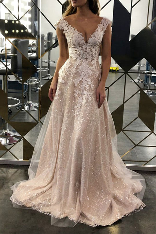 Lace A-line V-neck Sleeveless Sweep Train Wedding Dress, Bridal Gowns
