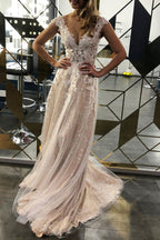 Lace A-line V-neck Sleeveless Sweep Train Wedding Dress, Bridal Gowns