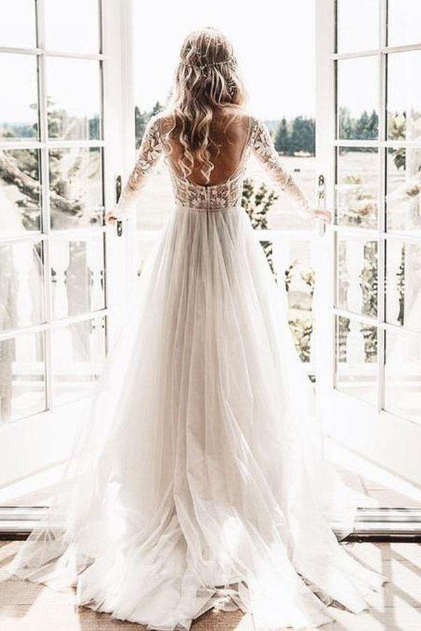 Lace Backless A-Line V-neck Long Sleeves Wedding Dresses, Bridal Dresses