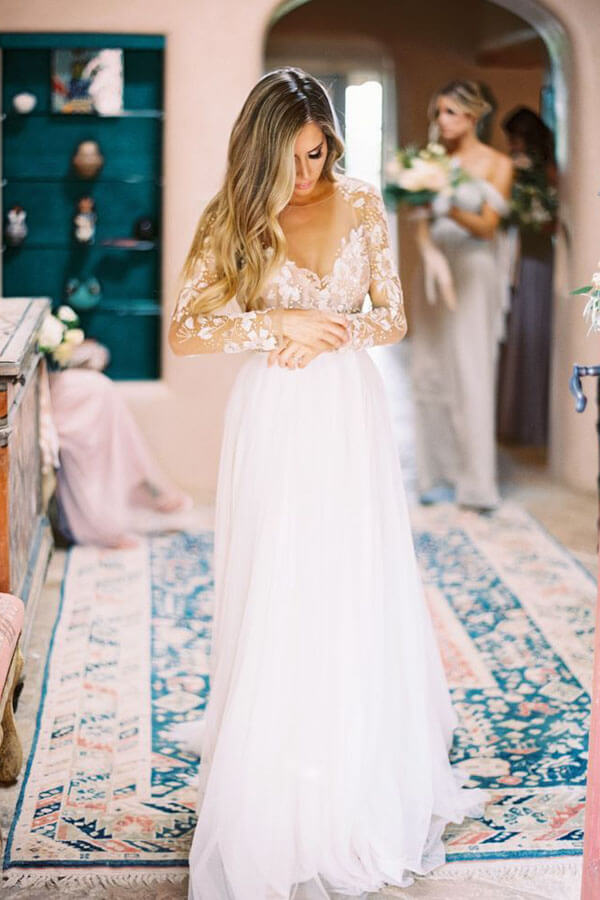 Lace Backless A-Line V-neck Long Sleeves Wedding Dresses, Bridal Dresses