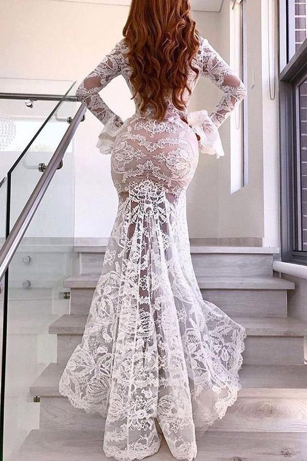 Lace Mermaid Deep V-neck Long Sleeves Wedding Dress, Wedding Gown