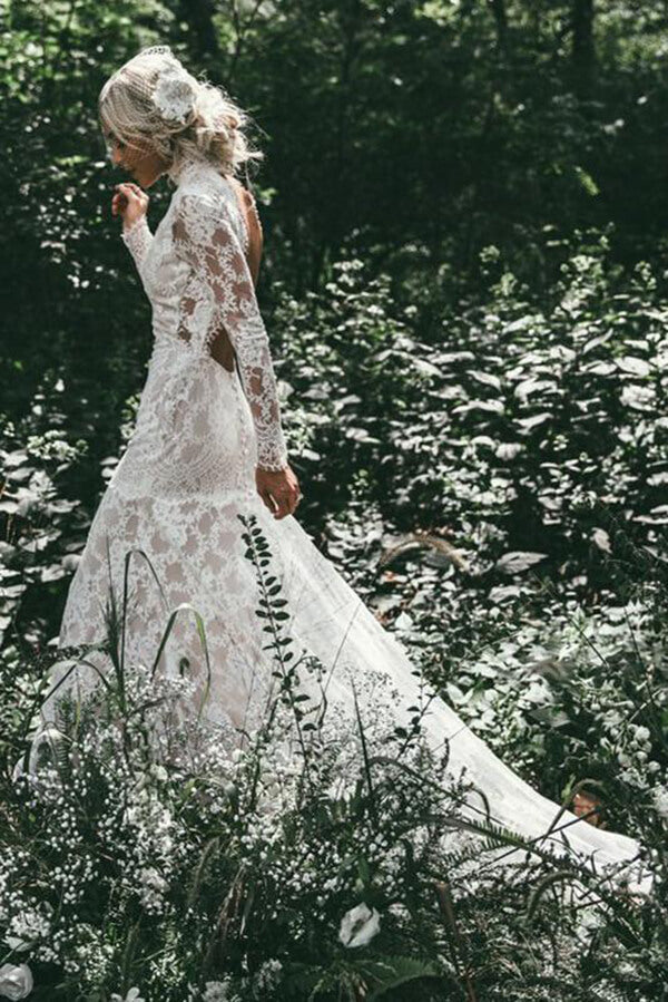 Lace Mermaid High Neck Long Sleeves Beach Wedding Dresses, Bridal Gown