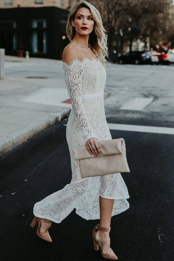 Lace Mermaid Off Shoulder High Low Long Sleeves Wedding Dresses