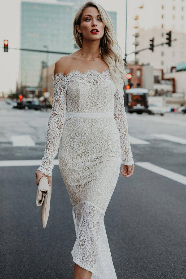 Lace Mermaid Off Shoulder High Low Long Sleeves Wedding Dresses