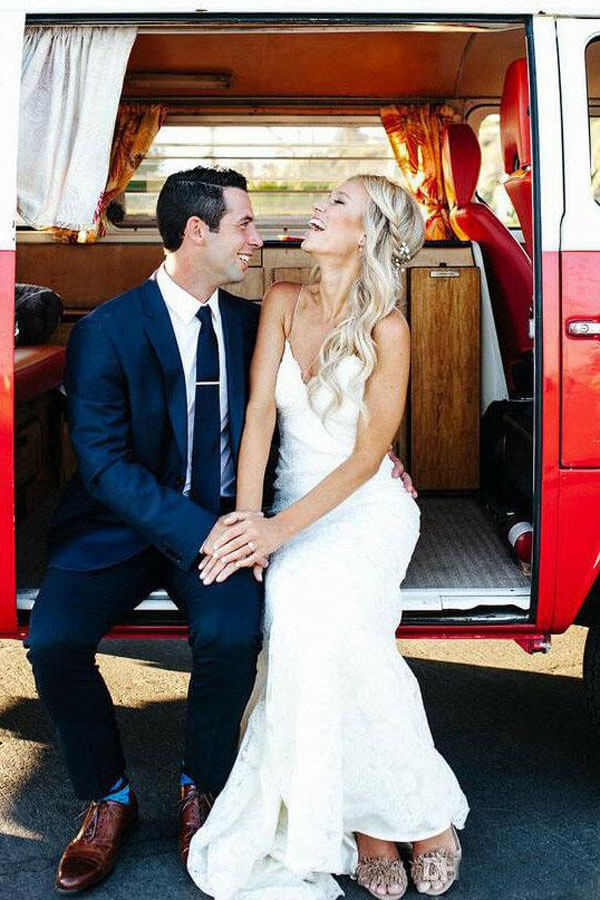 Lace Mermaid Spaghetti Straps V-neck Backless Beach Wedding Dresses