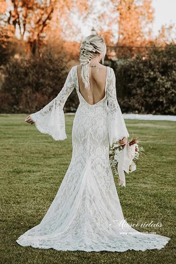 Lace Mermaid V-neck Long Sleeves Backless Vintage Wedding Dresses