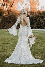 Lace Mermaid V-neck Long Sleeves Backless Vintage Wedding Dresses