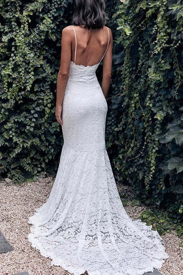 Lace Mermaid V-neck Spaghetti Straps Wedding Dress With Sweep Train