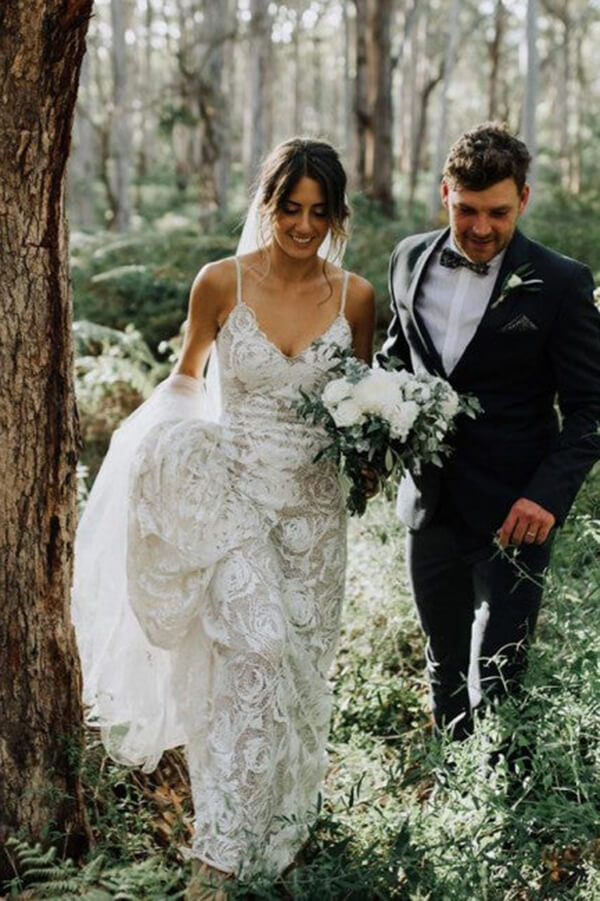 Lace Sheath Backless Spaghetti Straps Beach Wedding Dress, Wedding Gown