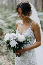 Lace Sheath Backless Spaghetti Straps Beach Wedding Dress, Wedding Gown