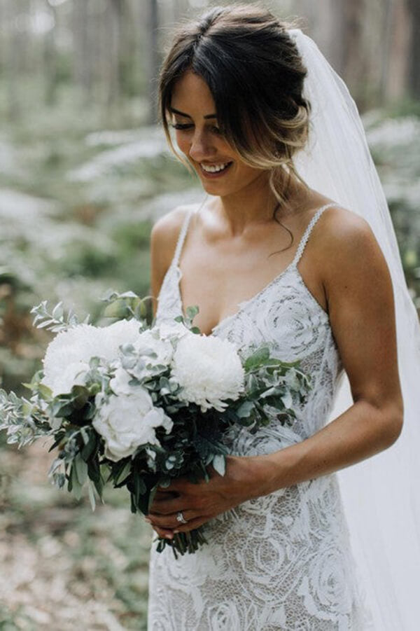 Lace Sheath Backless Spaghetti Straps Beach Wedding Dress, Wedding Gown