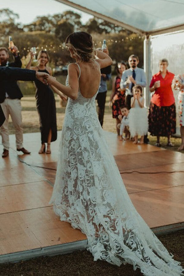 Lace Sheath Backless Spaghetti Straps Beach Wedding Dress, Wedding Gown