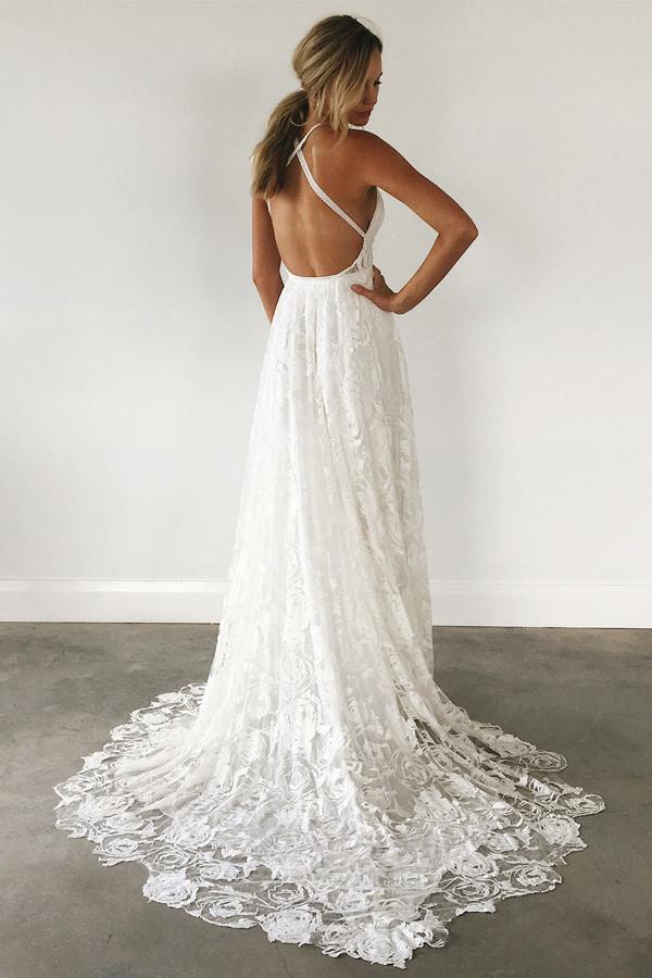 Lace Spaghetti Straps Criss-Cross Straps Wedding Dress With Sweep Train