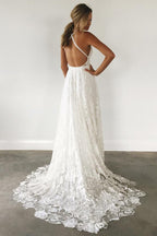 Lace Spaghetti Straps Criss-Cross Straps Wedding Dress With Sweep Train