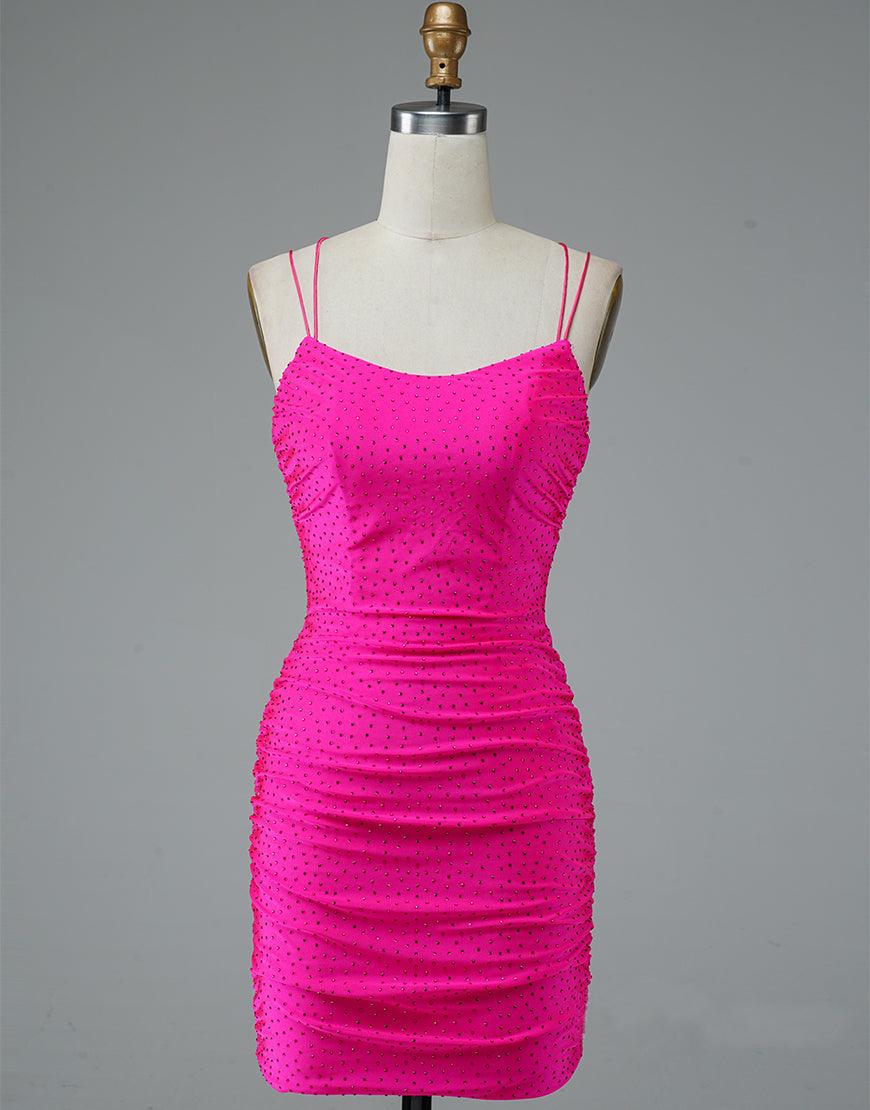 Vestido de fiesta corto rosa intenso con tirantes finos ajustables