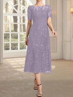 A-Linien-Kleid mit Rundhalsausschnitt, Illusion-Ausschnitt, Teelänge, Spitze und Pailletten für die Mutter der Braut