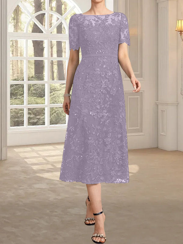 Vestido de encaje para madre de la novia con lentejuelas, corte A, escote ilusión, largo hasta la rodilla