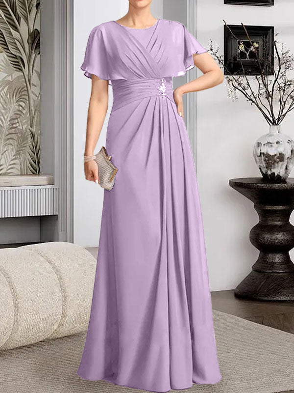 A-Linien-Kleid aus Chiffon mit Rundhalsausschnitt und bodenlanger Verarbeitung, verziert mit plissierten Perlen.