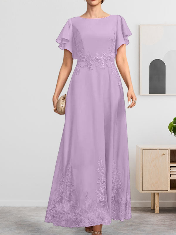 A-Linien-Kleid mit Rundhalsausschnitt, knöchellang, aus Spitze und Chiffon, mit Pailletten besetzt