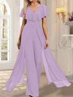 Jumpsuit/Hosenanzug, bodenlanges Chiffon-Abendkleid mit V-Ausschnitt