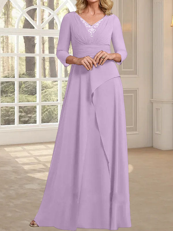 A-Linien-Kleid aus Chiffon mit V-Ausschnitt, bodenlang, für die Mutter der Braut, mit plissierter Perlenstickerei