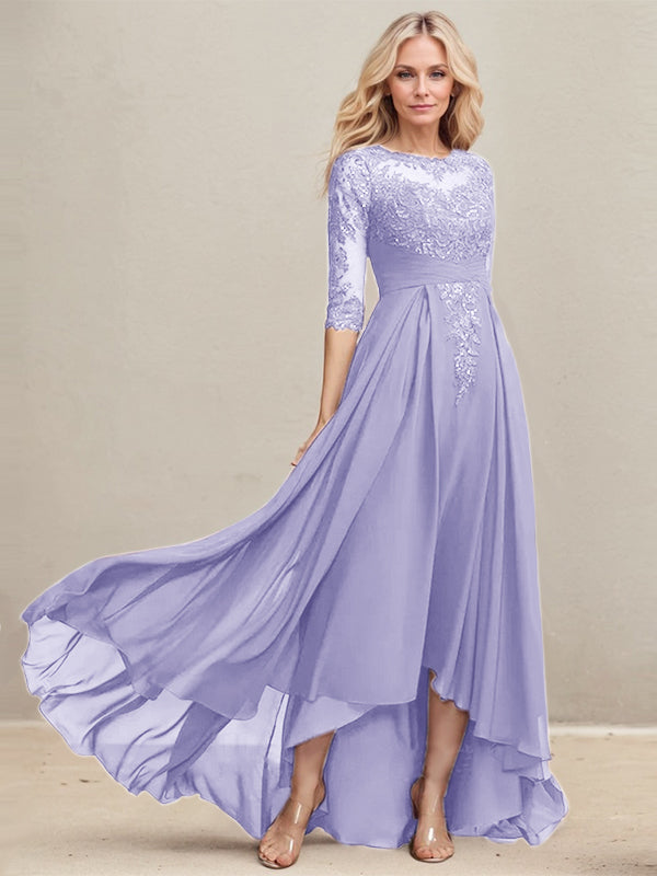 A-Linien-Kleid mit asymmetrischem Ausschnitt, Illusion-Effekt, Spitze und Chiffon, verziert mit plissierten Pailletten, ideal für die Mutter der Braut 