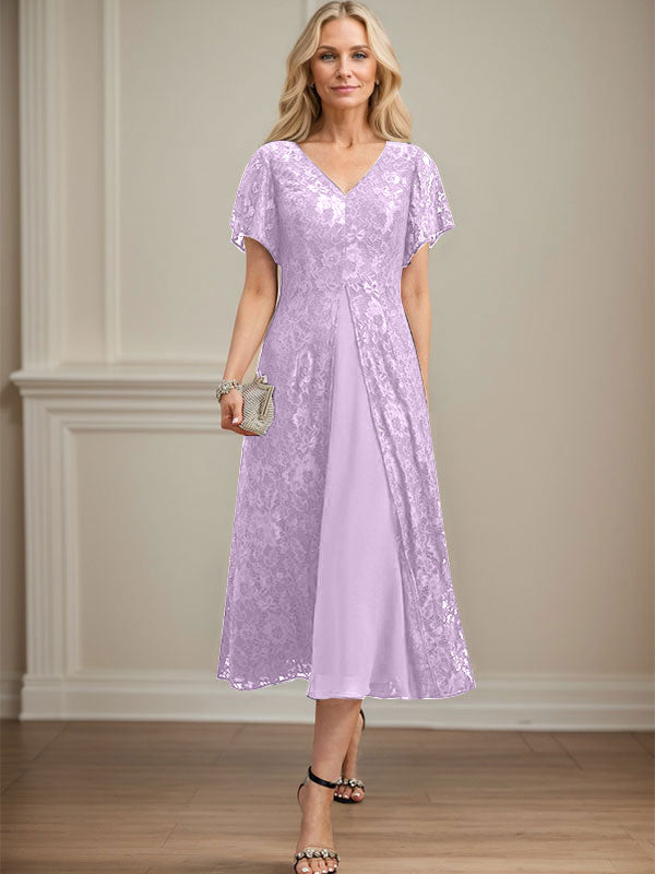 A-Linien-Kleid aus Chiffon mit V-Ausschnitt und Teelänge für die Mutter der Braut 