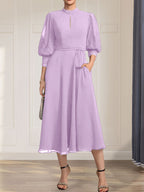 A-Linien-Kleid aus Chiffon mit hohem Kragen, Teelänge und Spitze für die Mutter der Braut, verziert mit einer Schleife