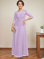 A-Linien-Kleid mit U-Boot-Ausschnitt, Illusion-Detail, knöchellang, aus Chiffon und Spitze mit Strassperlen für die Mutter der Braut. 