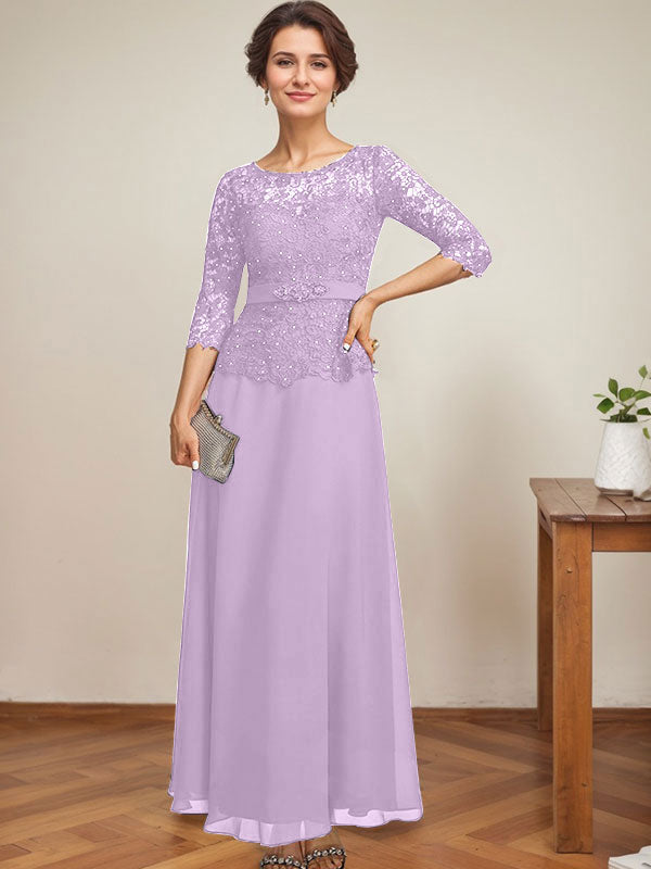 Vestido de gasa con encaje y escote ilusión hasta los tobillos para madre de la novia con cuentas de diamantes de imitación 