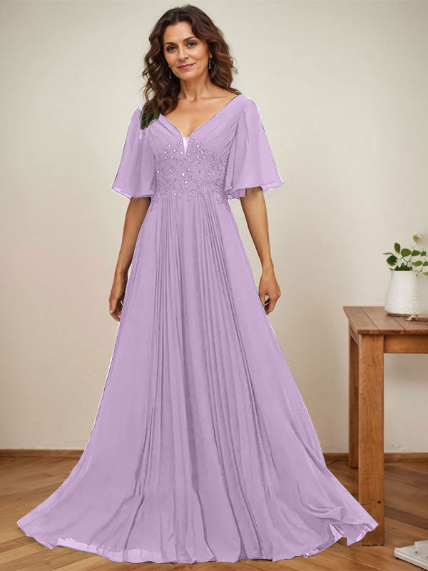 A-Linien-Kleid aus Chiffon mit V-Ausschnitt, bodenlang, mit Paillettenapplikationen, Spitze und Falten für die Mutter der Braut 