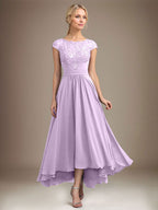 A-Linien-Kleid aus Chiffon mit asymmetrischem, plissiertem Spitzeneinsatz und Illusion-Ausschnitt für die Mutter der Braut 